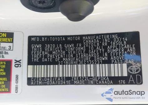 2014 Toyota Corolla L from USA, damaged, VIN 2T1BURHE3EC135231
